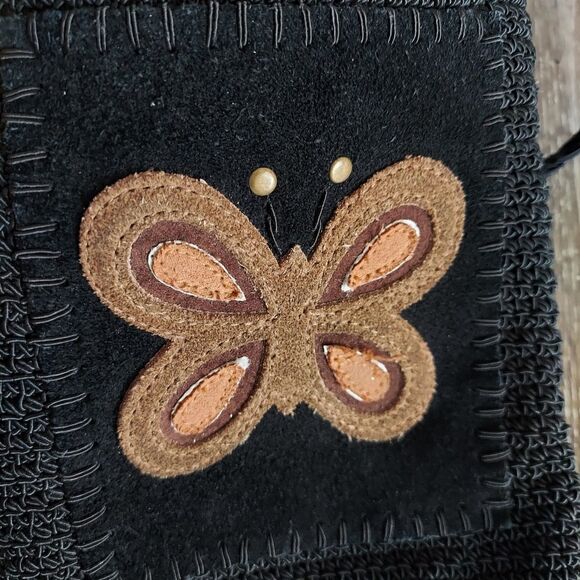 Vintage 90s Black Crocheted Cross Body Bag With Brown Butterfly Detail - Picture 5 of 9